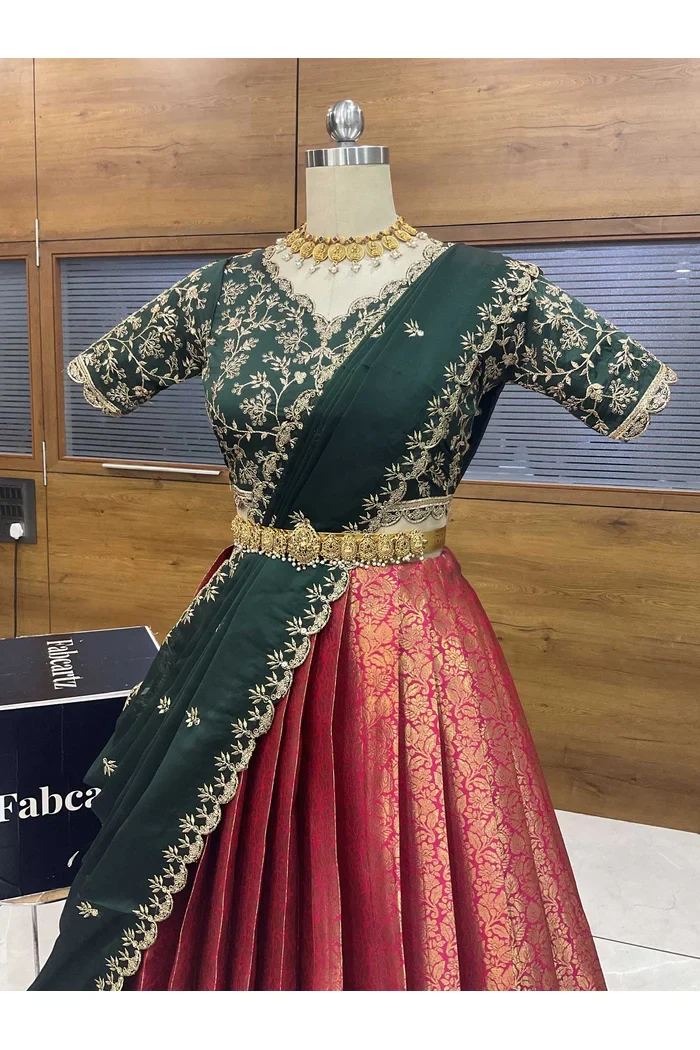 Beautiful South Indian Style Unstitch Half Saree with Embroidery Blouse and Dupatta for Women | Rashmika - Image 16