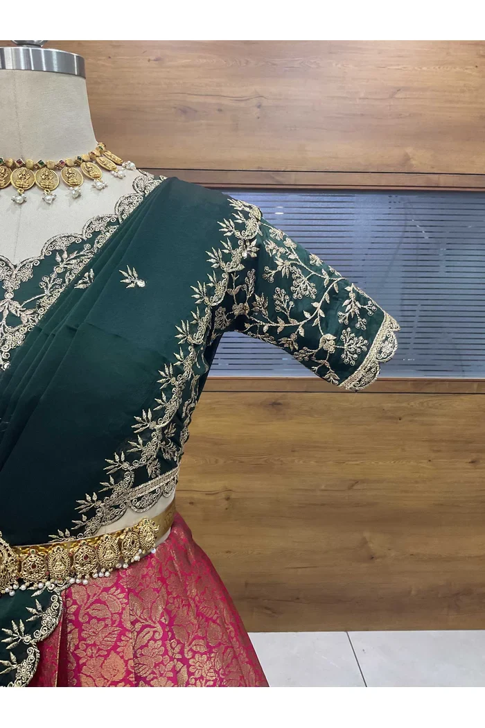 Beautiful South Indian Style Unstitch Half Saree with Embroidery Blouse and Dupatta for Women | Rashmika - Image 17