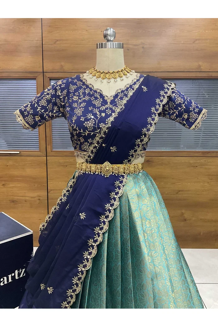 Beautiful South Indian Style Unstitch Half Saree with Embroidery Blouse and Dupatta for Women | Rashmika - Image 20