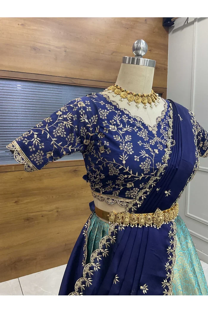 Beautiful South Indian Style Unstitch Half Saree with Embroidery Blouse and Dupatta for Women | Rashmika - Image 21