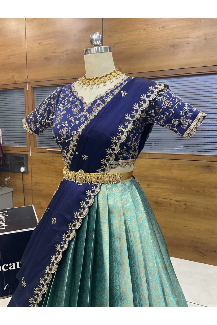 Beautiful South Indian Style Unstitch Half Saree with Embroidery Blouse and Dupatta for Women | Rashmika - Image 22