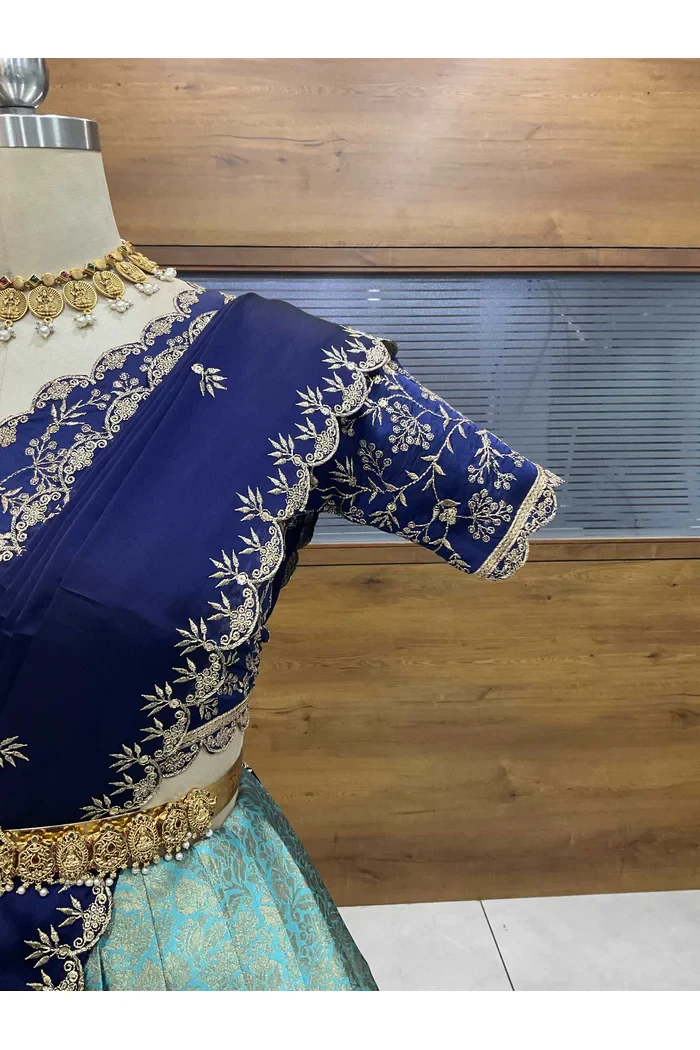 Beautiful South Indian Style Unstitch Half Saree with Embroidery Blouse and Dupatta for Women | Rashmika - Image 23