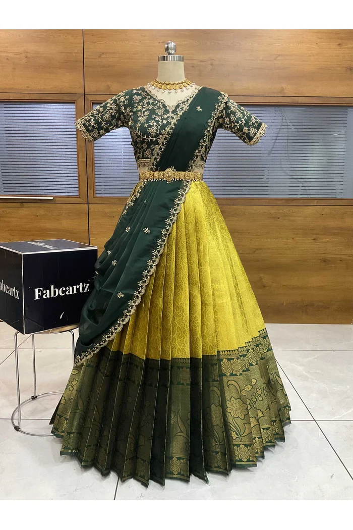 Beautiful South Indian Style Unstitch Half Saree with Embroidery Blouse and Dupatta for Women | Rashmika - Image 25