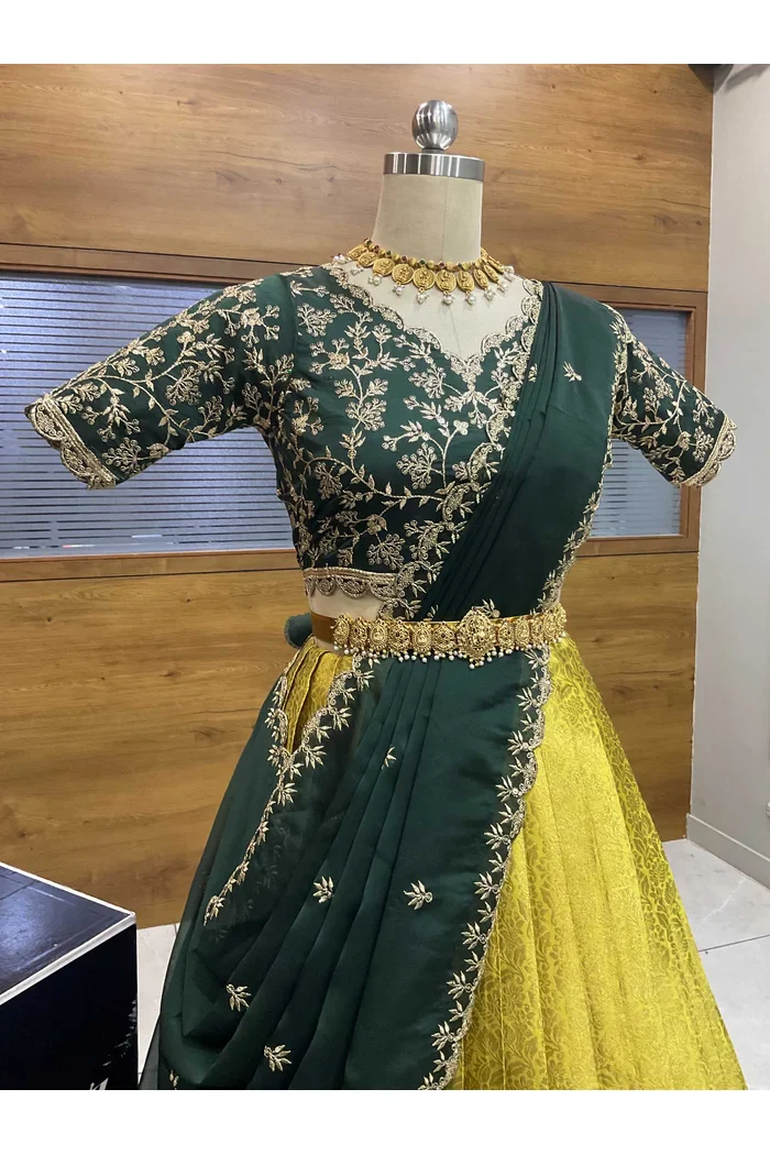 Beautiful South Indian Style Unstitch Half Saree with Embroidery Blouse and Dupatta for Women | Rashmika - Image 26