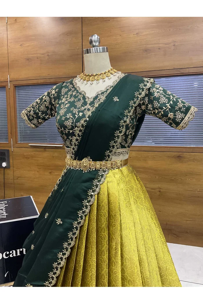 Beautiful South Indian Style Unstitch Half Saree with Embroidery Blouse and Dupatta for Women | Rashmika - Image 27