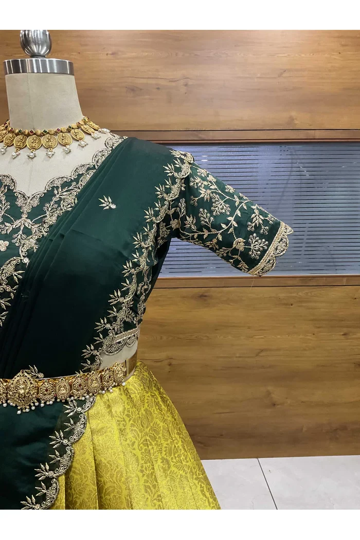 Beautiful South Indian Style Unstitch Half Saree with Embroidery Blouse and Dupatta for Women | Rashmika - Image 28