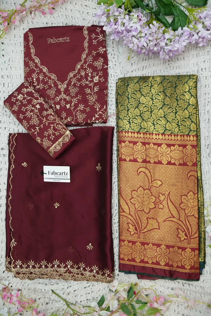 Beautiful South Indian Style Unstitch Half Saree with Embroidery Blouse and Dupatta for Women | Rashmika - Image 31