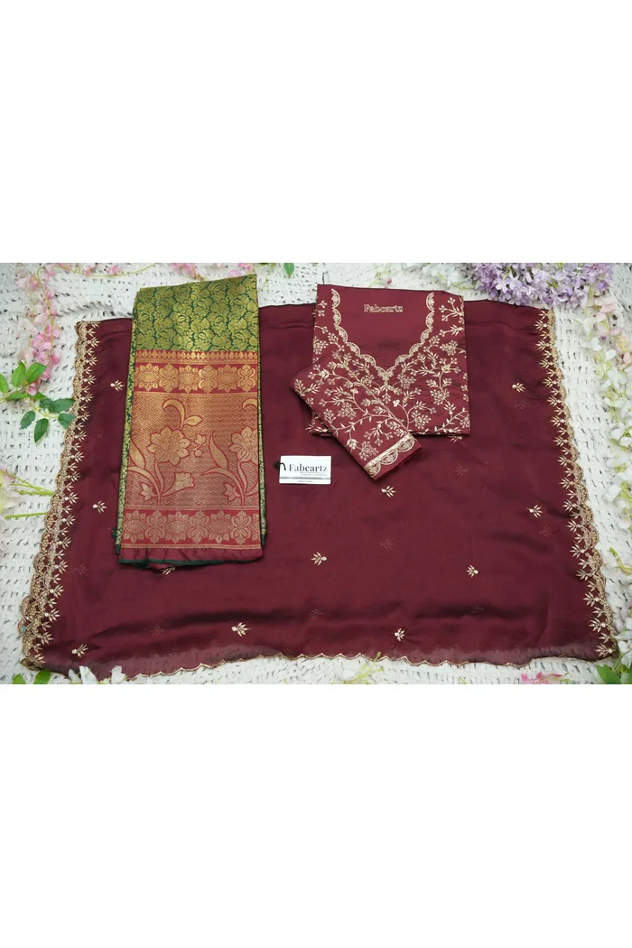 Beautiful South Indian Style Unstitch Half Saree with Embroidery Blouse and Dupatta for Women | Rashmika - Image 37
