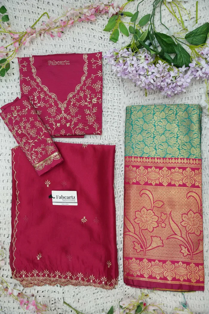 Beautiful South Indian Style Unstitch Half Saree with Embroidery Blouse and Dupatta for Women | Rashmika - Image 40