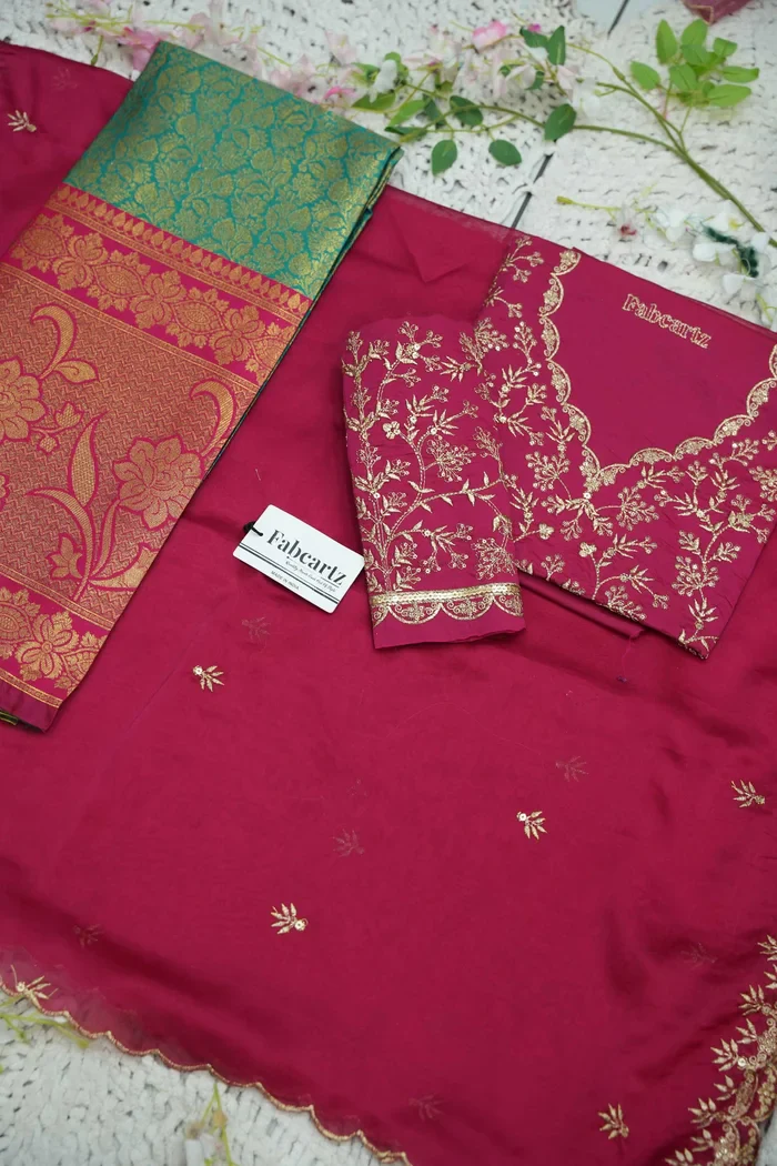 Beautiful South Indian Style Unstitch Half Saree with Embroidery Blouse and Dupatta for Women | Rashmika - Image 45