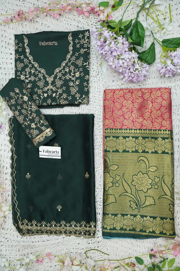 Beautiful South Indian Style Unstitch Half Saree with Embroidery Blouse and Dupatta for Women | Rashmika - Image 49
