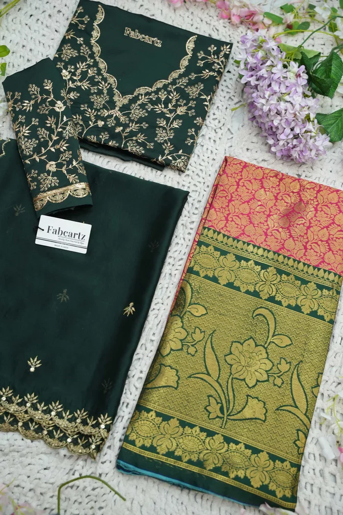 Beautiful South Indian Style Unstitch Half Saree with Embroidery Blouse and Dupatta for Women | Rashmika - Image 50