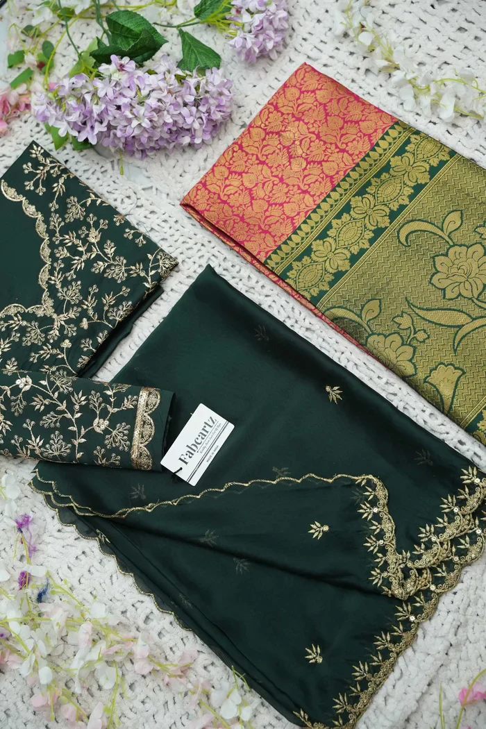 Beautiful South Indian Style Unstitch Half Saree with Embroidery Blouse and Dupatta for Women | Rashmika - Image 51