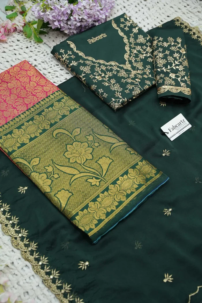Beautiful South Indian Style Unstitch Half Saree with Embroidery Blouse and Dupatta for Women | Rashmika - Image 53