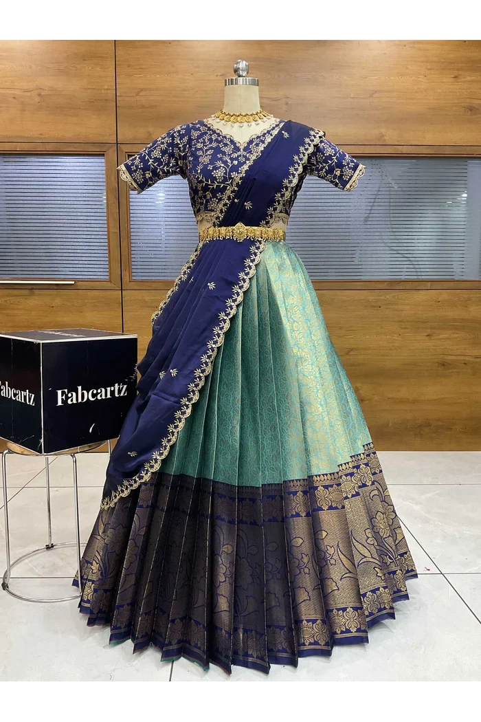 Beautiful South Indian Style Unstitch Half Saree with Embroidery Blouse and Dupatta for Women | Rashmika - Image 57