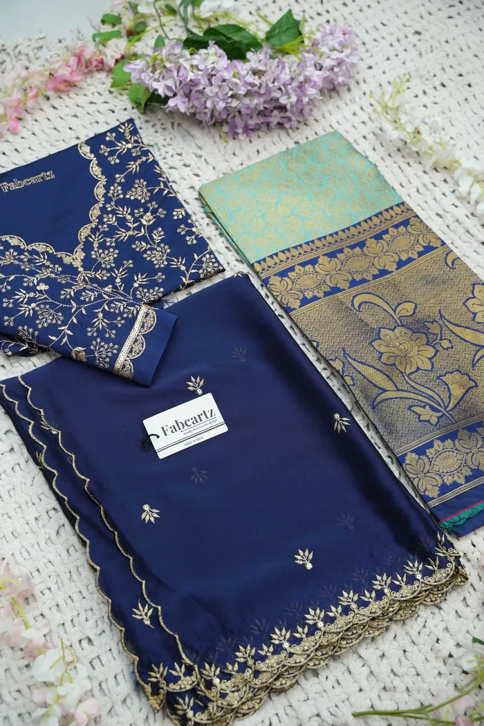 Beautiful South Indian Style Unstitch Half Saree with Embroidery Blouse and Dupatta for Women | Rashmika - Image 59