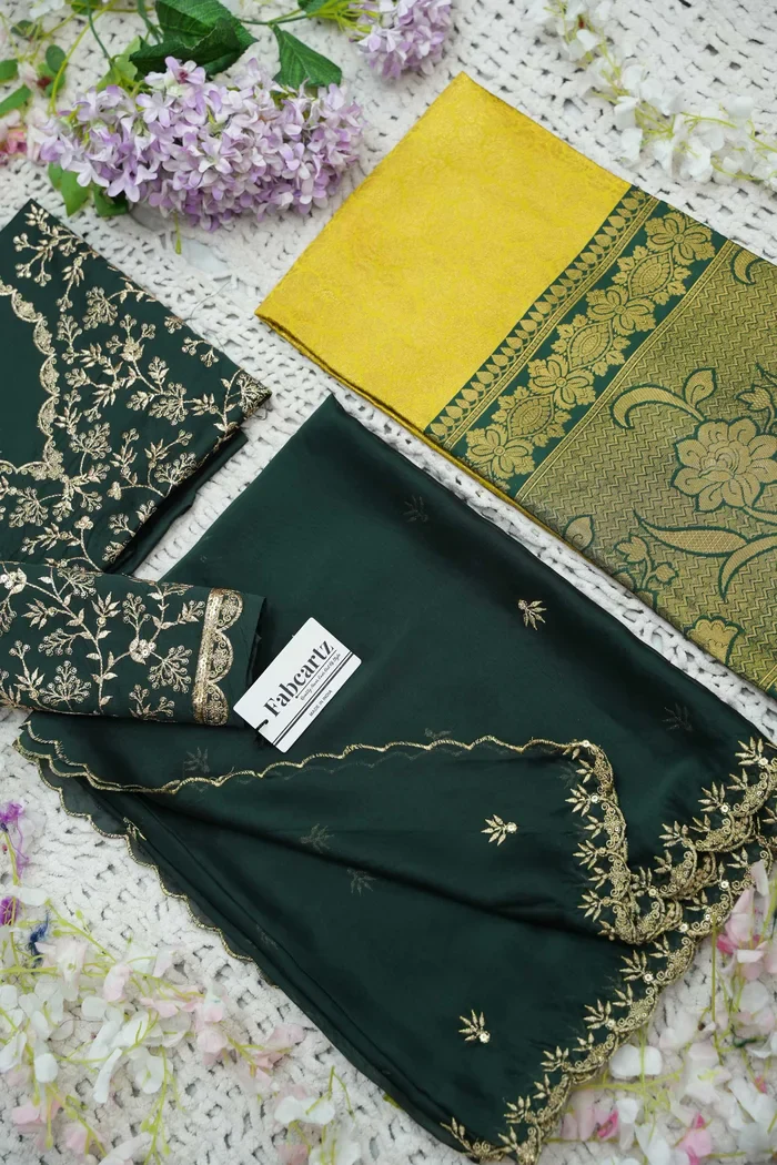 Beautiful South Indian Style Unstitch Half Saree with Embroidery Blouse and Dupatta for Women | Rashmika - Image 70