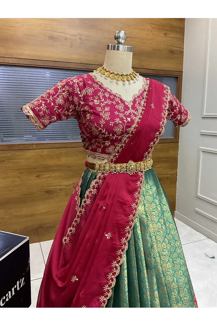 Beautiful South Indian Style Unstitch Half Saree with Embroidery Blouse and Dupatta for Women | Rashmika - Image 9