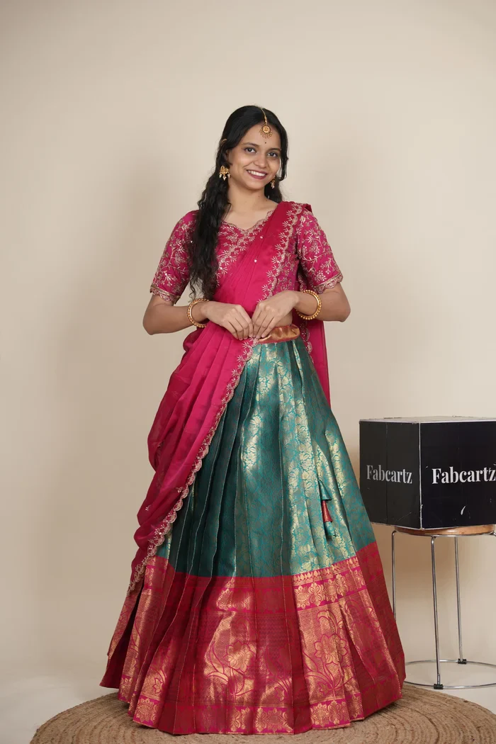 Beautiful South Indian Style Unstitch Half Saree with Embroidery Blouse and Dupatta for Women | Rashmika - Image 10