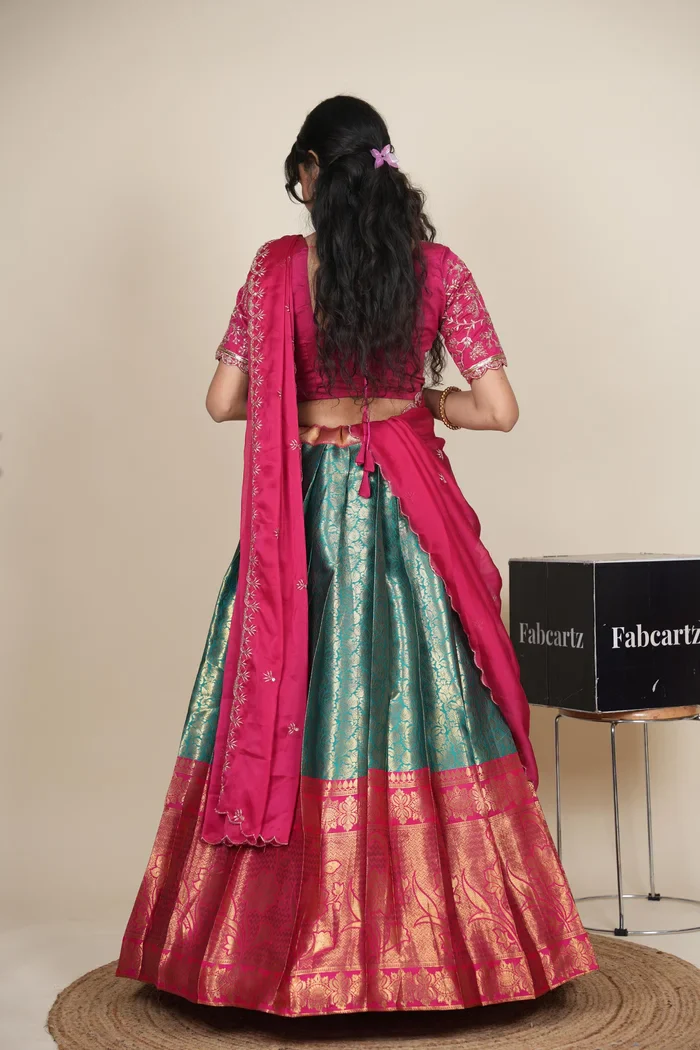Beautiful South Indian Style Unstitch Half Saree with Embroidery Blouse and Dupatta for Women | Rashmika - Image 11