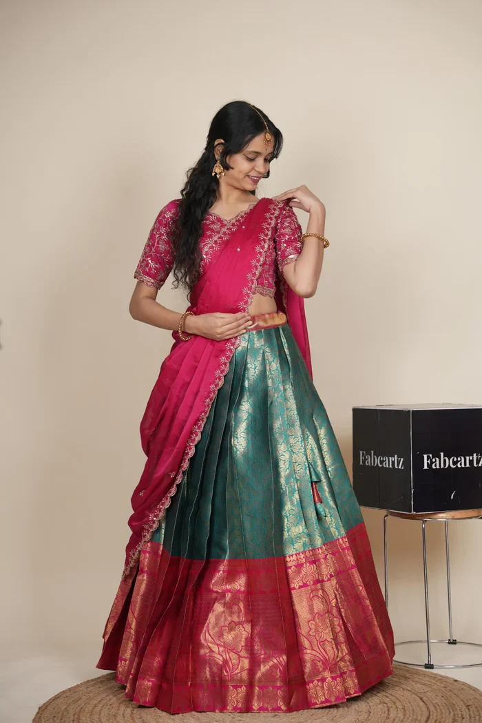 Beautiful South Indian Style Unstitch Half Saree with Embroidery Blouse and Dupatta for Women | Rashmika - Image 12