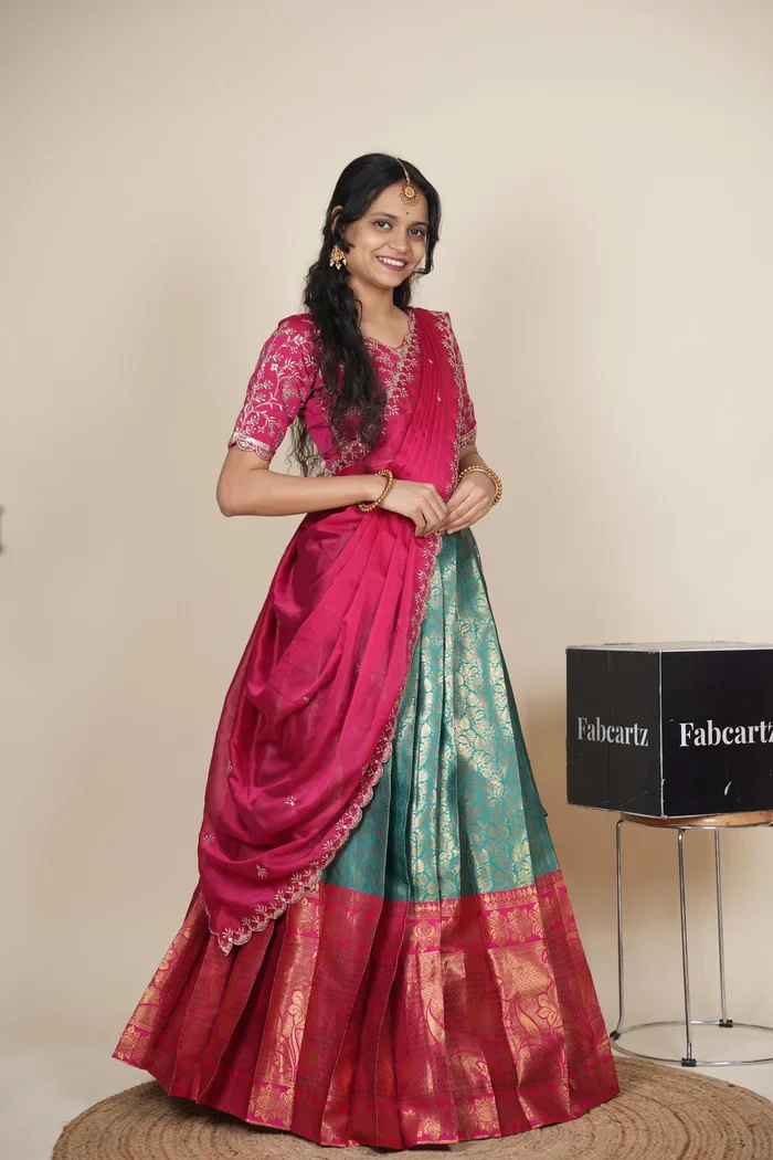 Beautiful South Indian Style Unstitch Half Saree with Embroidery Blouse and Dupatta for Women | Rashmika - Image 13