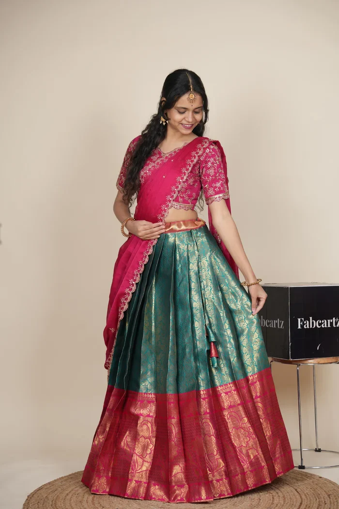 Beautiful South Indian Style Unstitch Half Saree with Embroidery Blouse and Dupatta for Women | Rashmika - Image 14