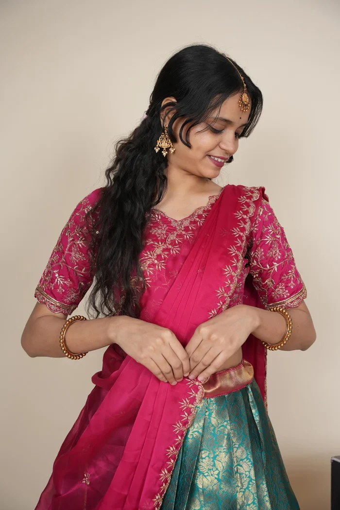 Beautiful South Indian Style Unstitch Half Saree with Embroidery Blouse and Dupatta for Women | Rashmika - Image 16
