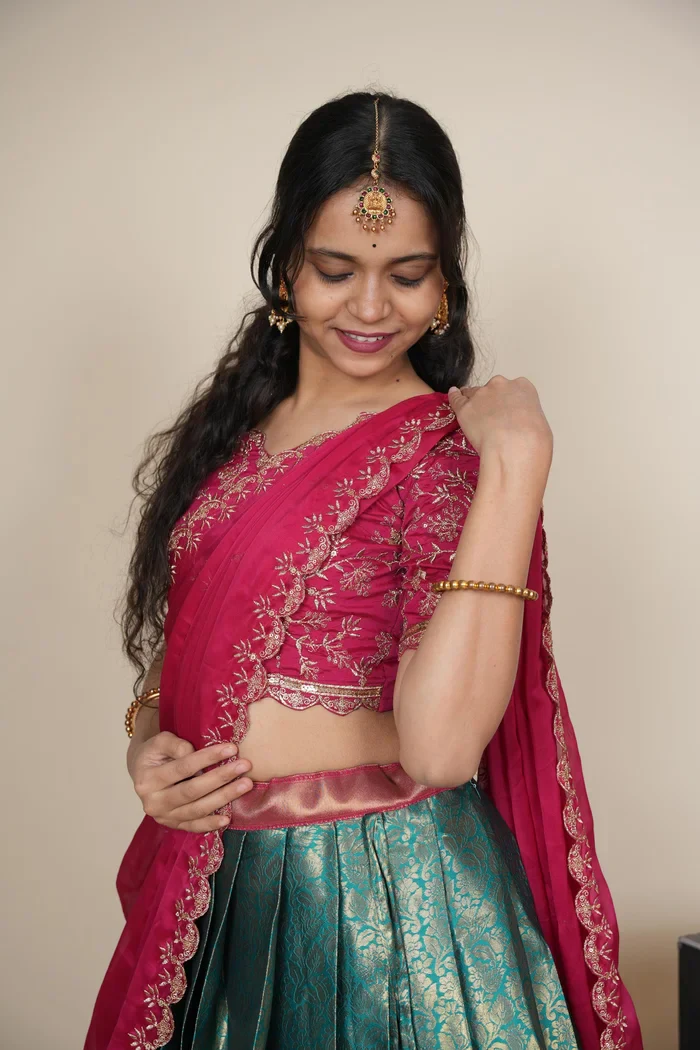Beautiful South Indian Style Unstitch Half Saree with Embroidery Blouse and Dupatta for Women | Rashmika - Image 17
