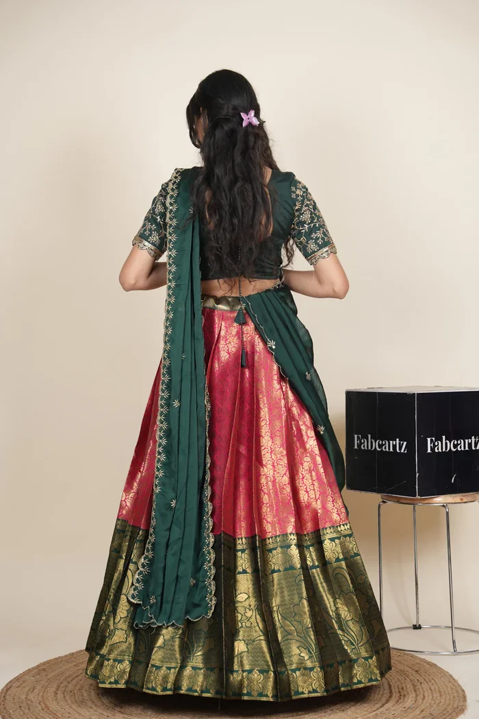 Beautiful South Indian Style Unstitch Half Saree with Embroidery Blouse and Dupatta for Women | Rashmika - Image 20