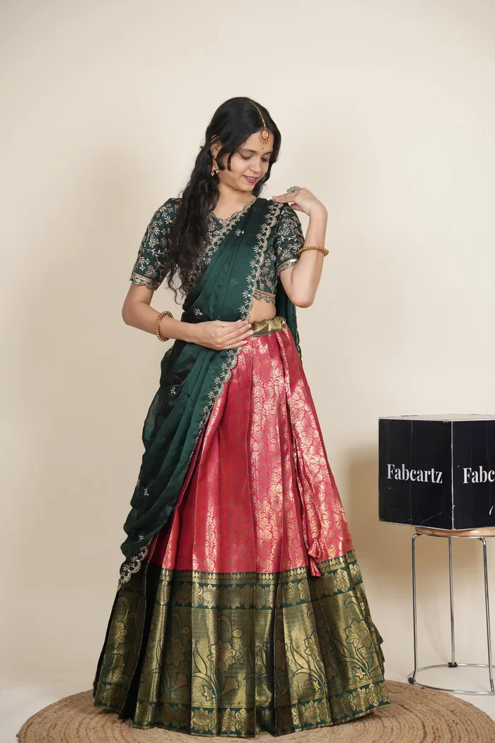Beautiful South Indian Style Unstitch Half Saree with Embroidery Blouse and Dupatta for Women | Rashmika - Image 21