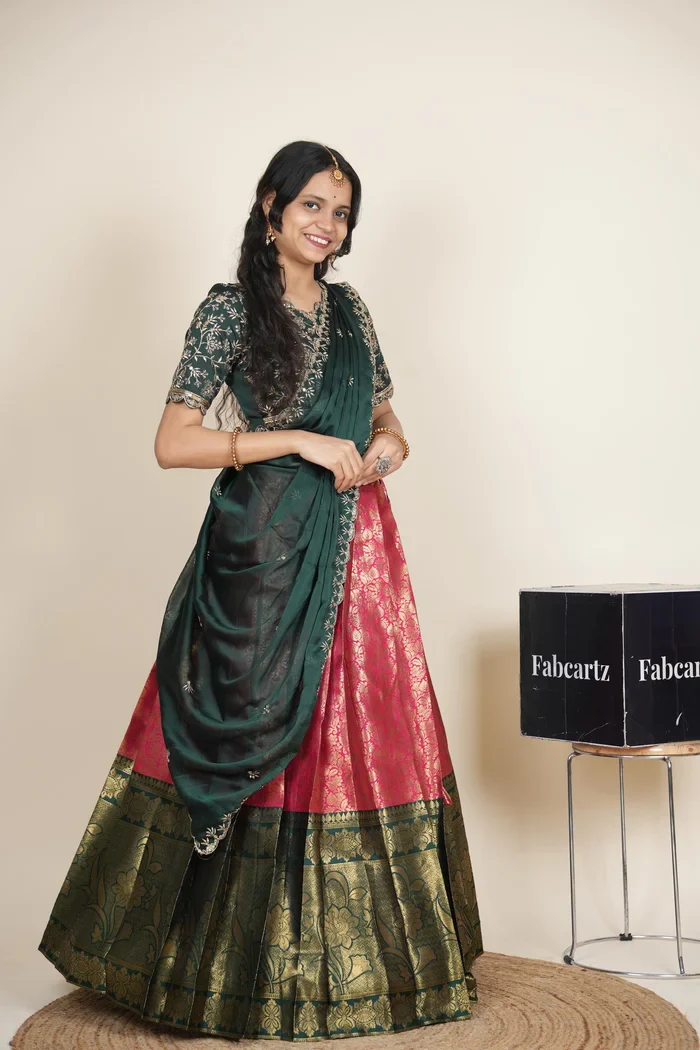 Beautiful South Indian Style Unstitch Half Saree with Embroidery Blouse and Dupatta for Women | Rashmika - Image 22