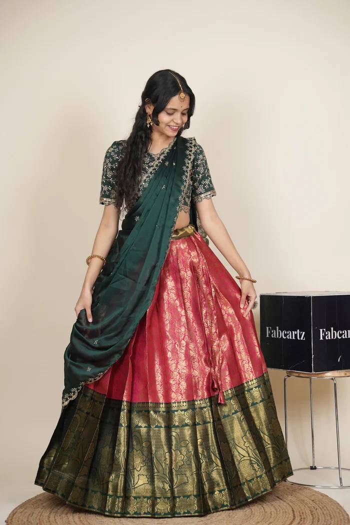 Beautiful South Indian Style Unstitch Half Saree with Embroidery Blouse and Dupatta for Women | Rashmika - Image 24