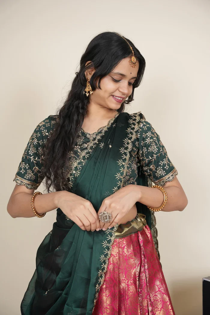 Beautiful South Indian Style Unstitch Half Saree with Embroidery Blouse and Dupatta for Women | Rashmika - Image 25