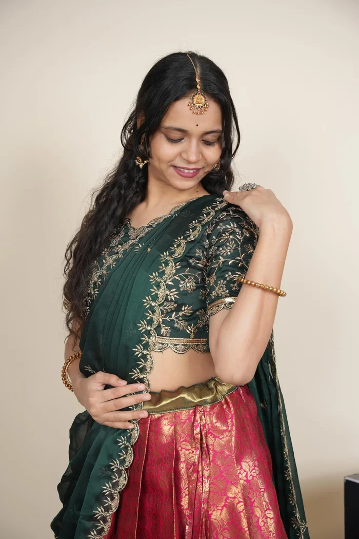 Beautiful South Indian Style Unstitch Half Saree with Embroidery Blouse and Dupatta for Women | Rashmika - Image 26