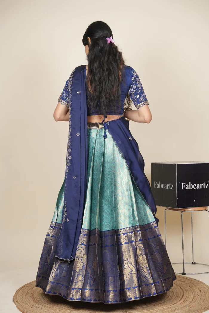 Beautiful South Indian Style Unstitch Half Saree with Embroidery Blouse and Dupatta for Women | Rashmika - Image 29