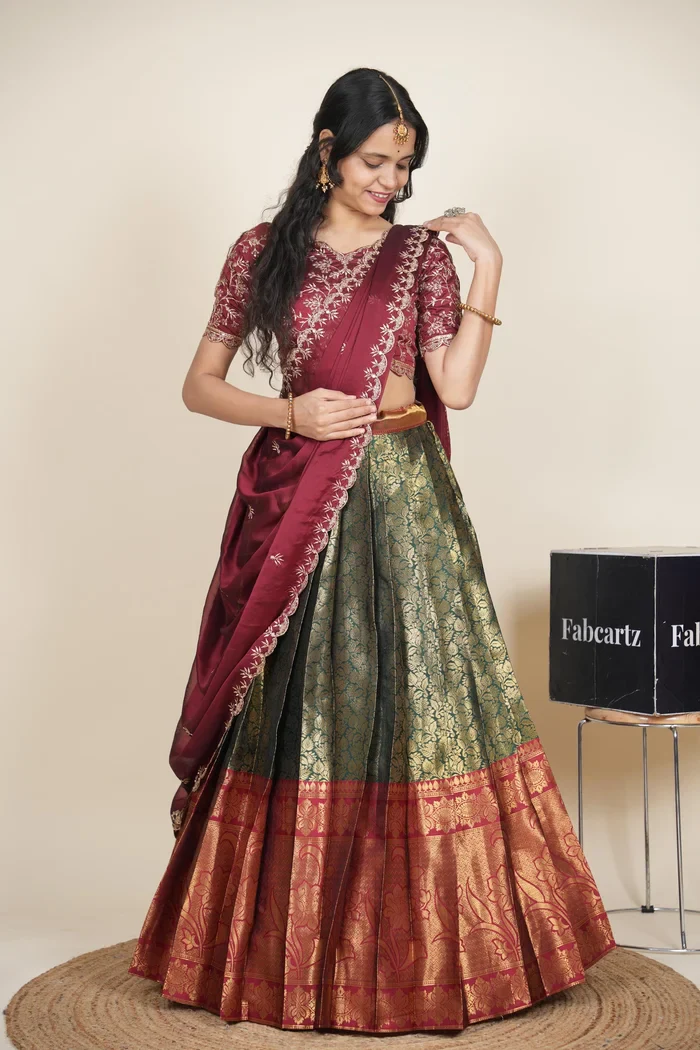 Beautiful South Indian Style Unstitch Half Saree with Embroidery Blouse and Dupatta for Women | Rashmika - Image 3