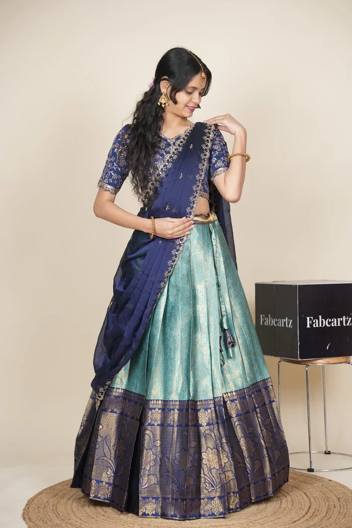 Beautiful South Indian Style Unstitch Half Saree with Embroidery Blouse and Dupatta for Women | Rashmika - Image 30