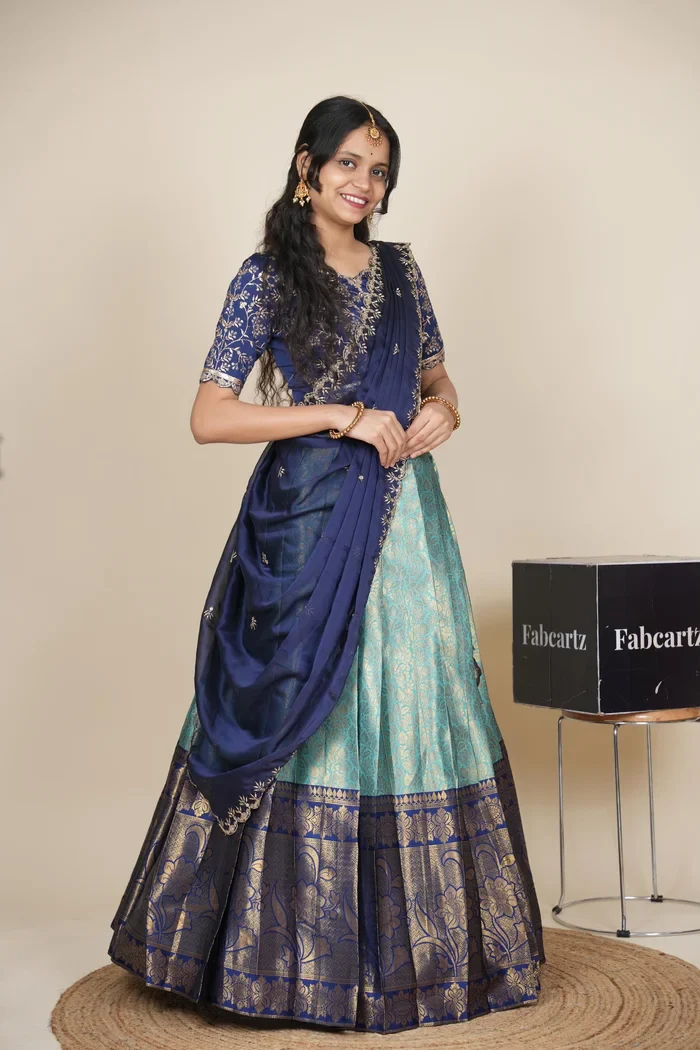 Beautiful South Indian Style Unstitch Half Saree with Embroidery Blouse and Dupatta for Women | Rashmika - Image 31