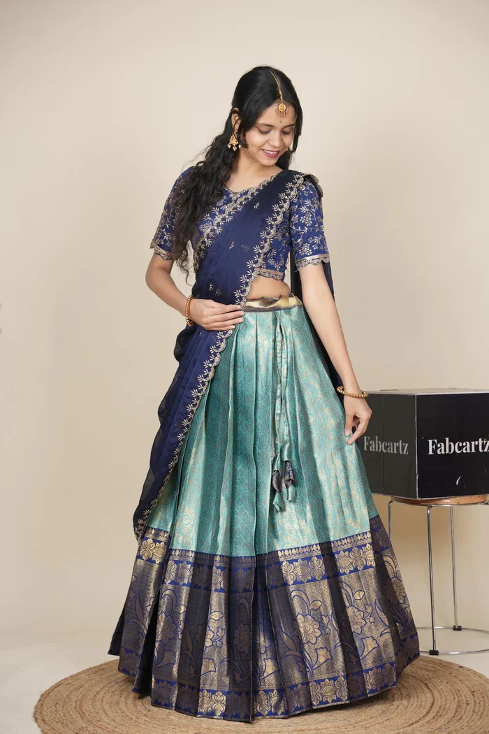 Beautiful South Indian Style Unstitch Half Saree with Embroidery Blouse and Dupatta for Women | Rashmika - Image 32
