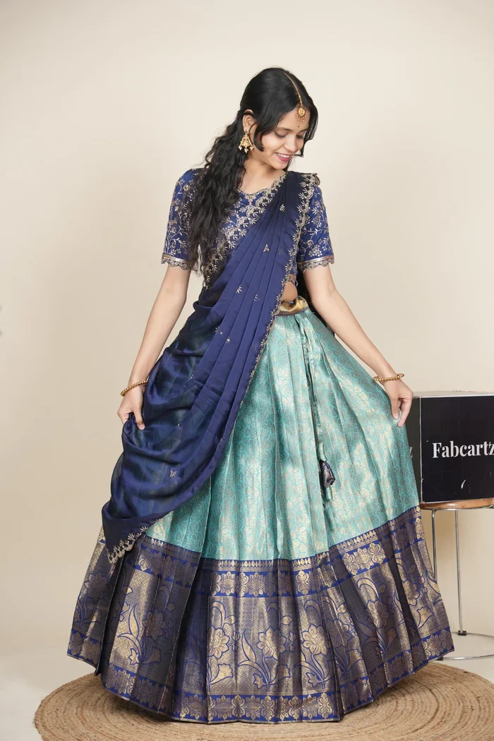 Beautiful South Indian Style Unstitch Half Saree with Embroidery Blouse and Dupatta for Women | Rashmika - Image 33