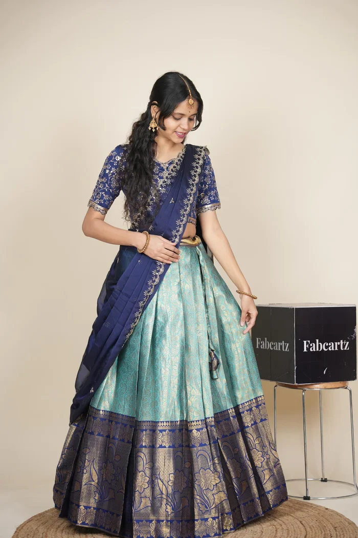 Beautiful South Indian Style Unstitch Half Saree with Embroidery Blouse and Dupatta for Women | Rashmika - Image 34