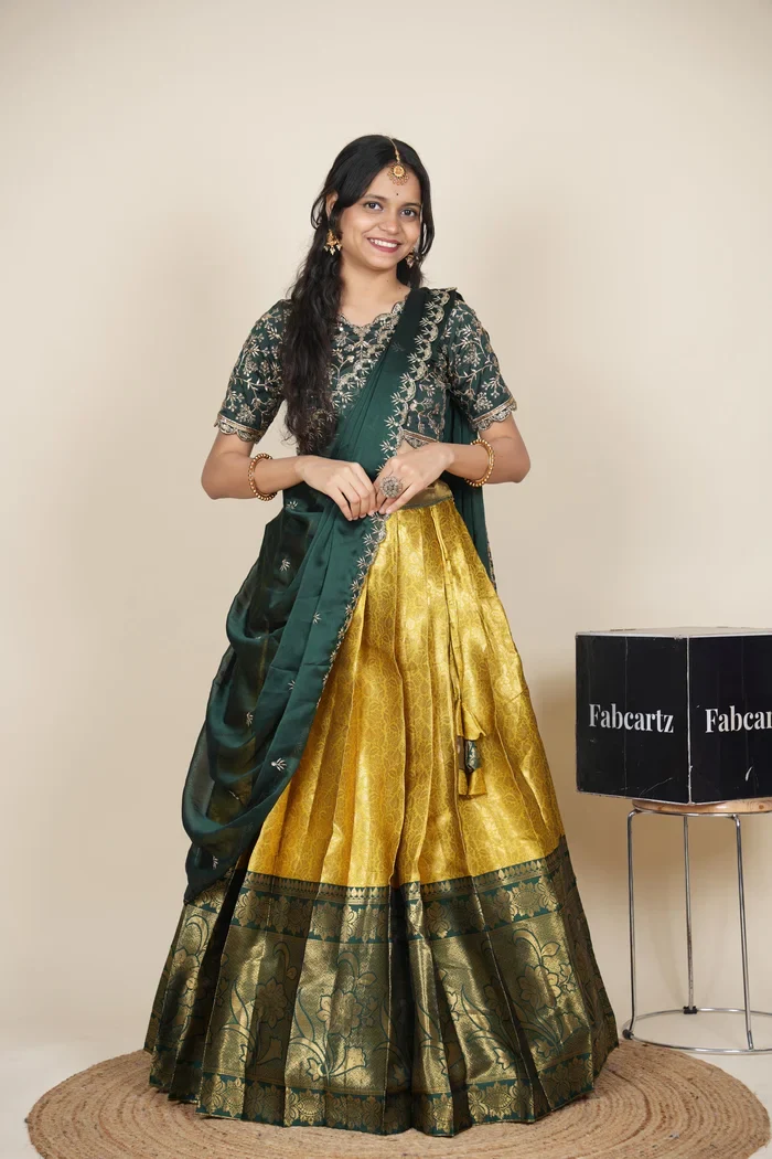 Beautiful South Indian Style Unstitch Half Saree with Embroidery Blouse and Dupatta for Women | Rashmika - Image 35