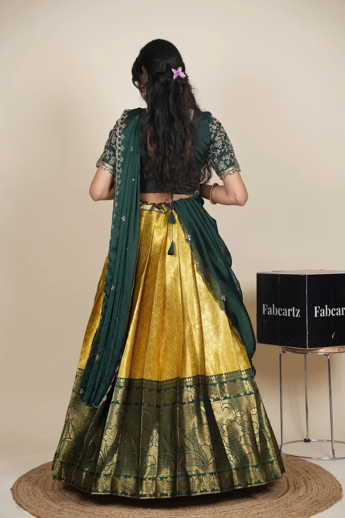 Beautiful South Indian Style Unstitch Half Saree with Embroidery Blouse and Dupatta for Women | Rashmika - Image 36