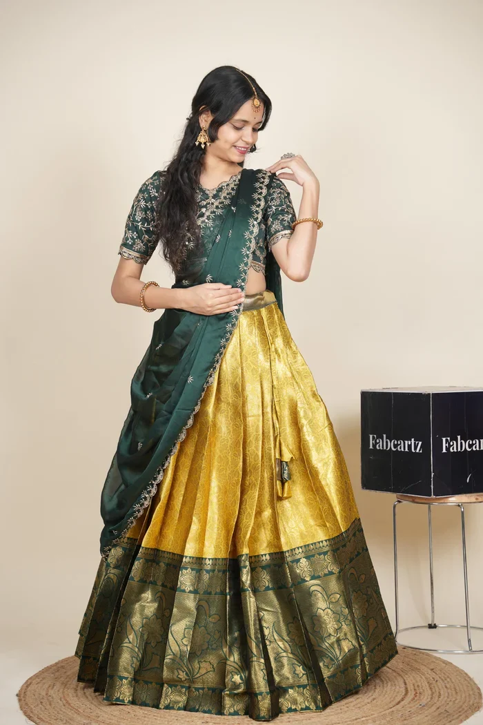 Beautiful South Indian Style Unstitch Half Saree with Embroidery Blouse and Dupatta for Women | Rashmika - Image 37
