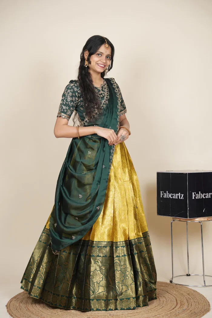 Beautiful South Indian Style Unstitch Half Saree with Embroidery Blouse and Dupatta for Women | Rashmika - Image 38