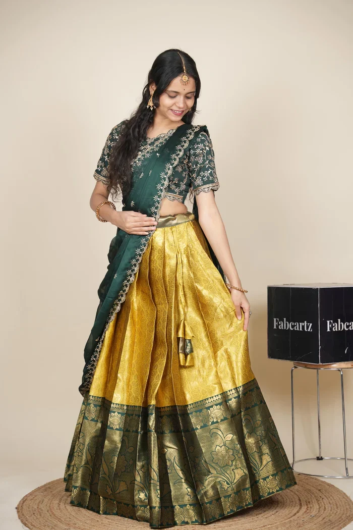 Beautiful South Indian Style Unstitch Half Saree with Embroidery Blouse and Dupatta for Women | Rashmika - Image 39