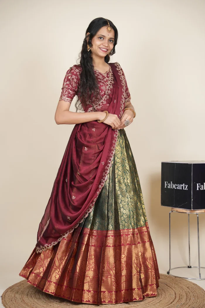 Beautiful South Indian Style Unstitch Half Saree with Embroidery Blouse and Dupatta for Women | Rashmika - Image 4