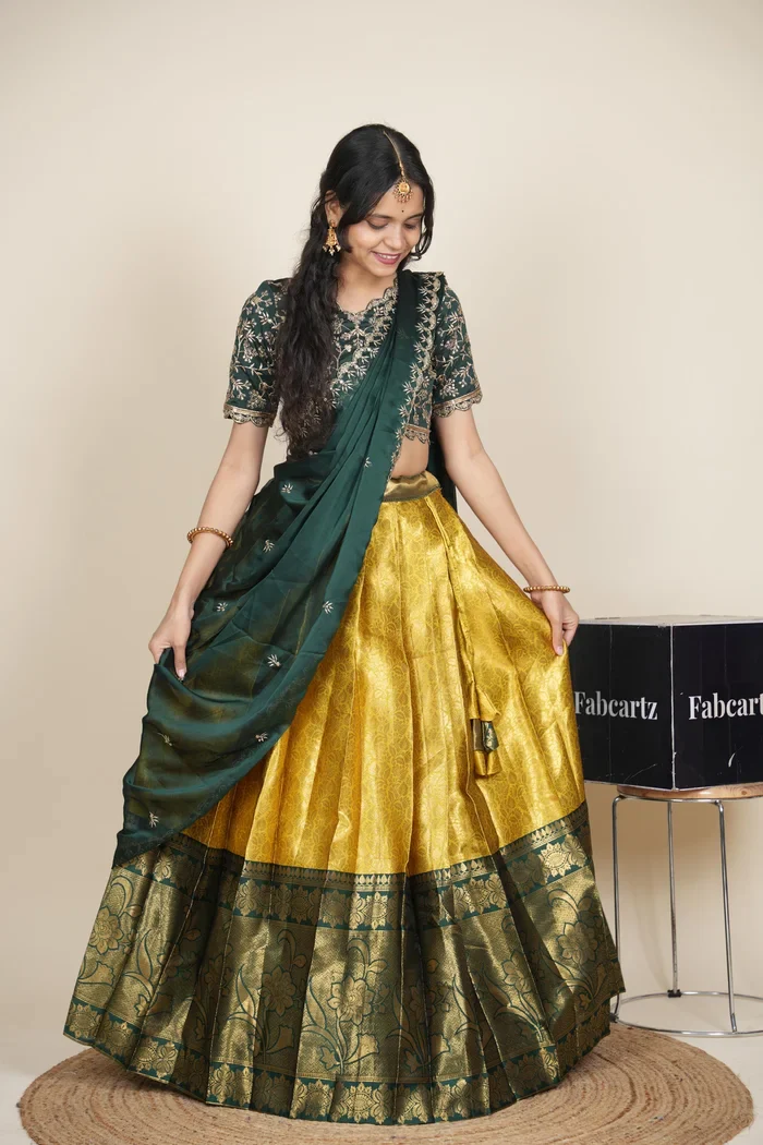 Beautiful South Indian Style Unstitch Half Saree with Embroidery Blouse and Dupatta for Women | Rashmika - Image 40
