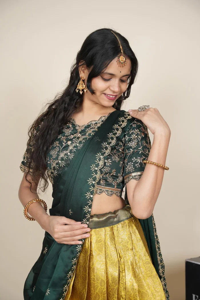 Beautiful South Indian Style Unstitch Half Saree with Embroidery Blouse and Dupatta for Women | Rashmika - Image 41